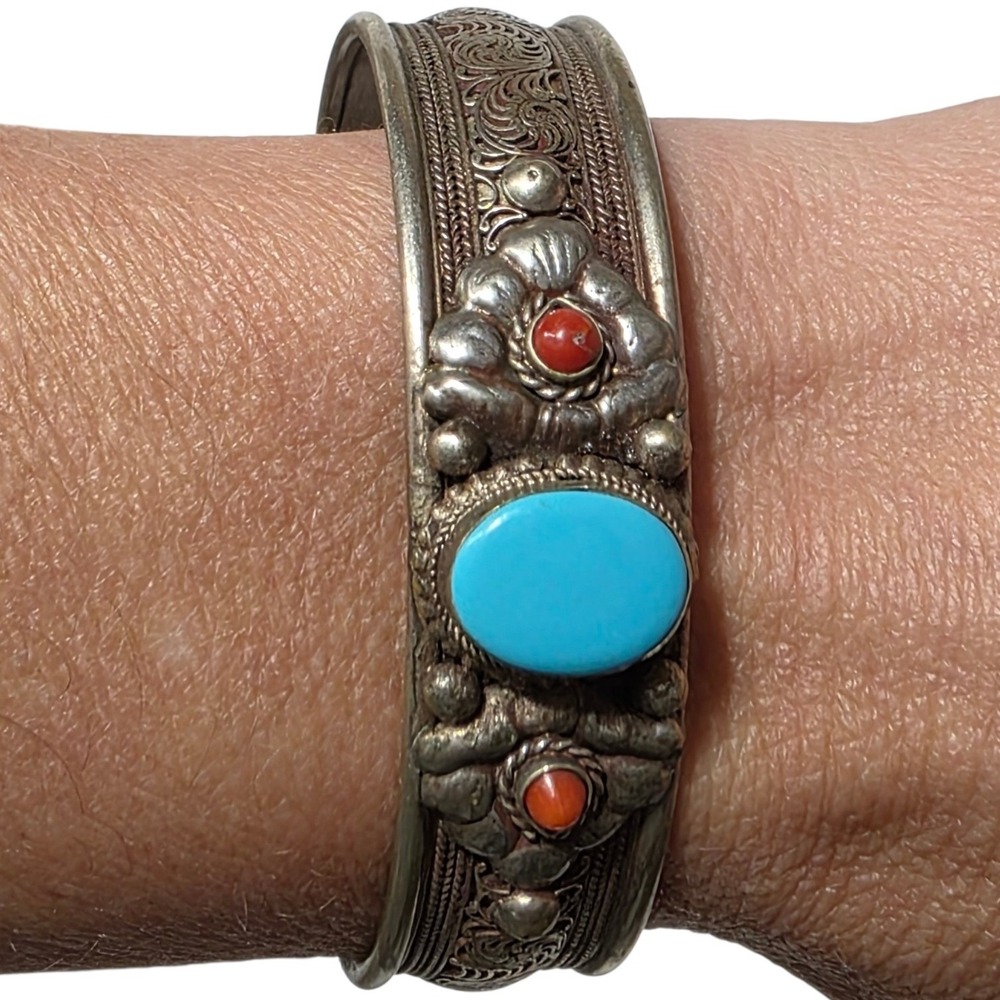 Unbranded Cuff Bracelet Women OS Silver Turquoise Coral Tibetan Boho Filigree